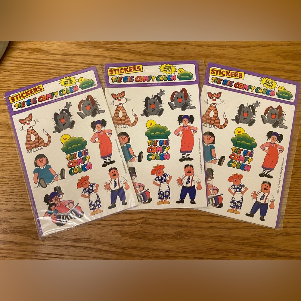 Vintage The Big Comfy Couch Stickers Lot 3 New Unopened Packs 12 Sheets 1996
